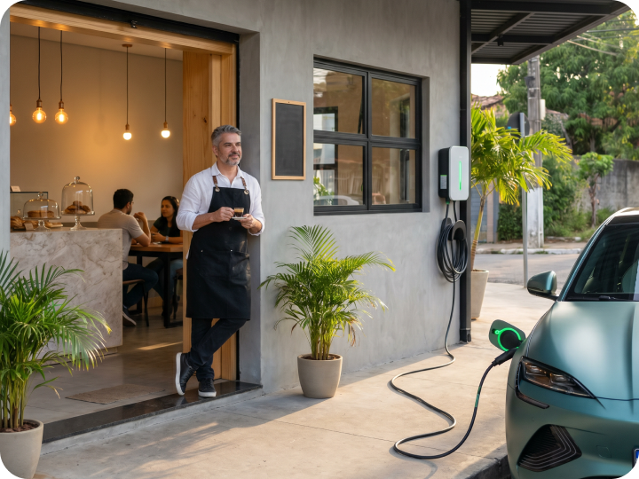 Padeiro brasileiro à frente de padaria artesanal com wallbox e carro elétrico carregando