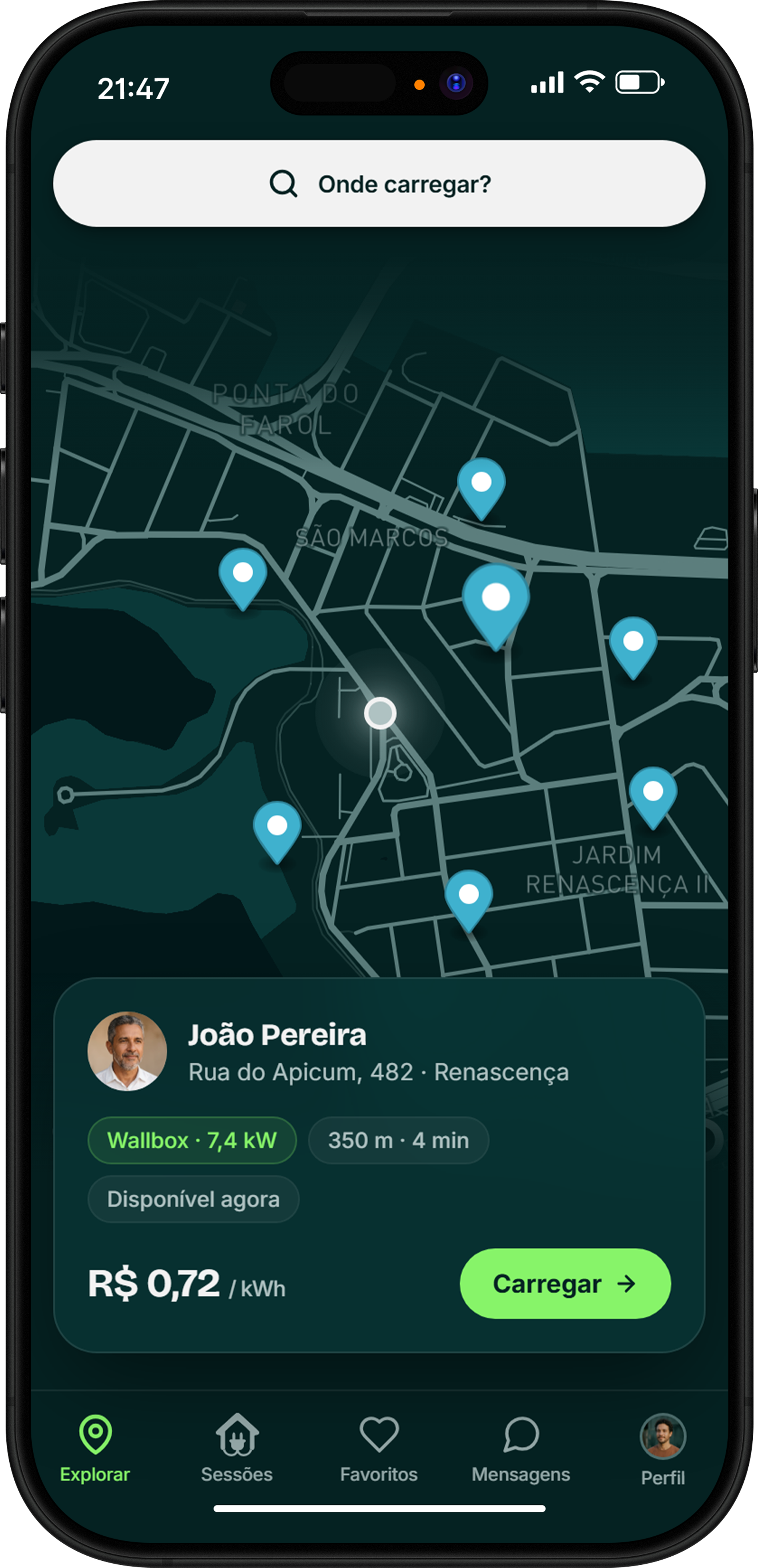 Mockup do app Éter mostrando o mapa de São Luís com tomadas disponíveis para recarga