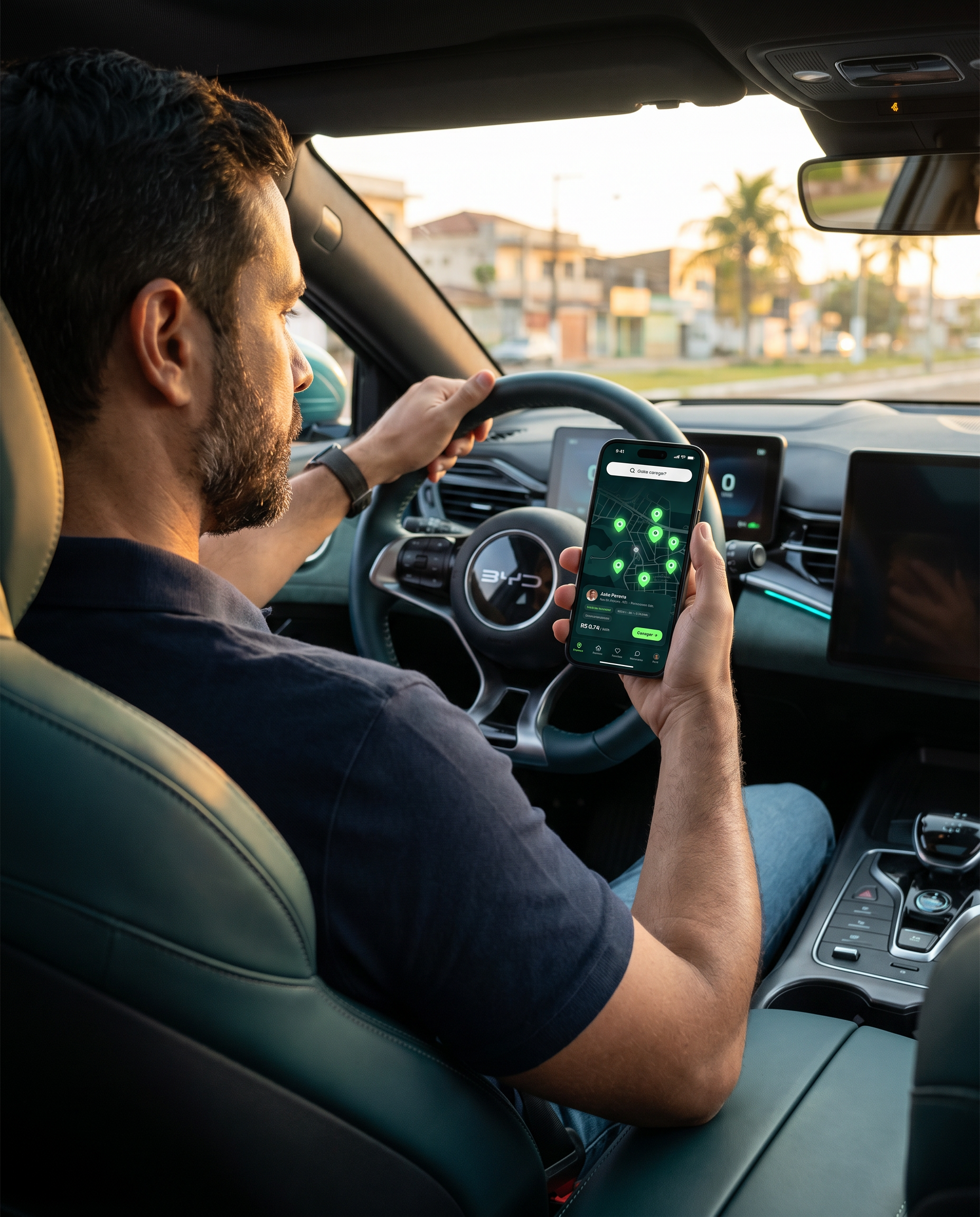 Motorista no banco do BYD Seal segurando o iPhone com o app Éter aberto, procurando tomadas em São Luís